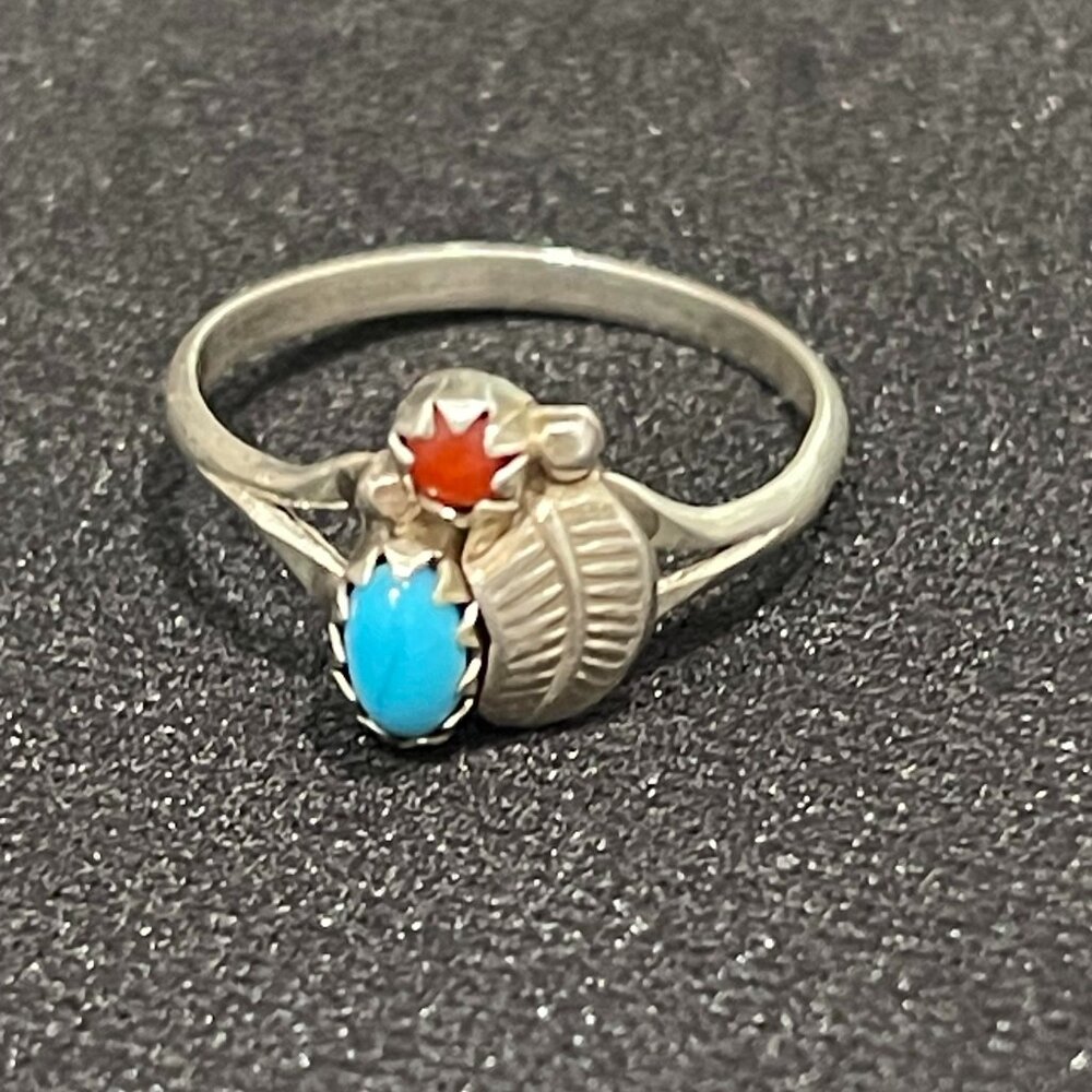 Turquoise & Coral Ring – Size 5 – Roselene Joe – Navajo